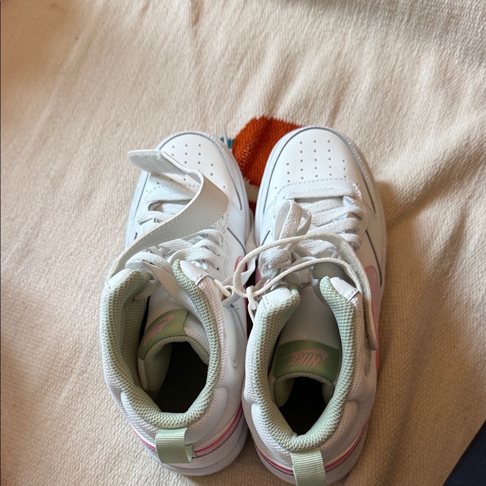 Nike Kids White Sneakers with Pink & Mint Trim